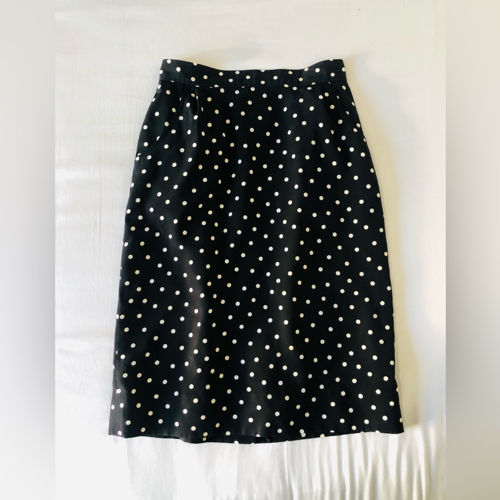 1980s Liz Claiborne Black Midi Pencil Skirt with White Polka Dots